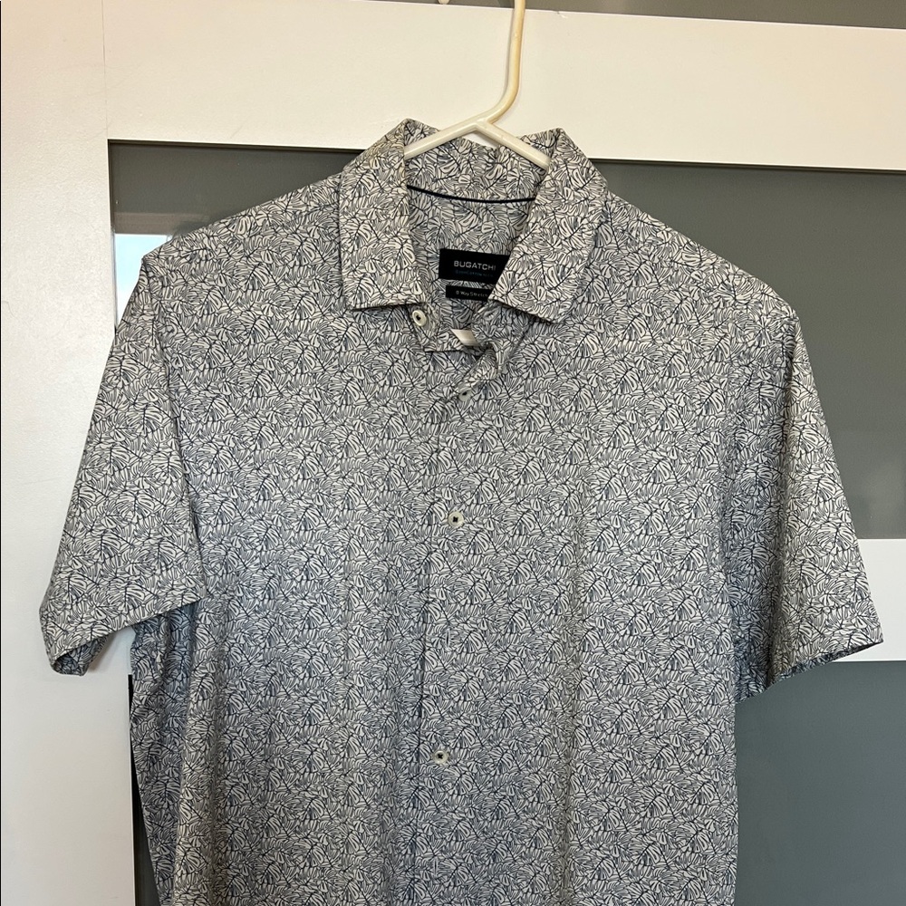 Bugatchi cotton tech Gray Short-Sleeve Button-Down Golf Shirt stretch, medium